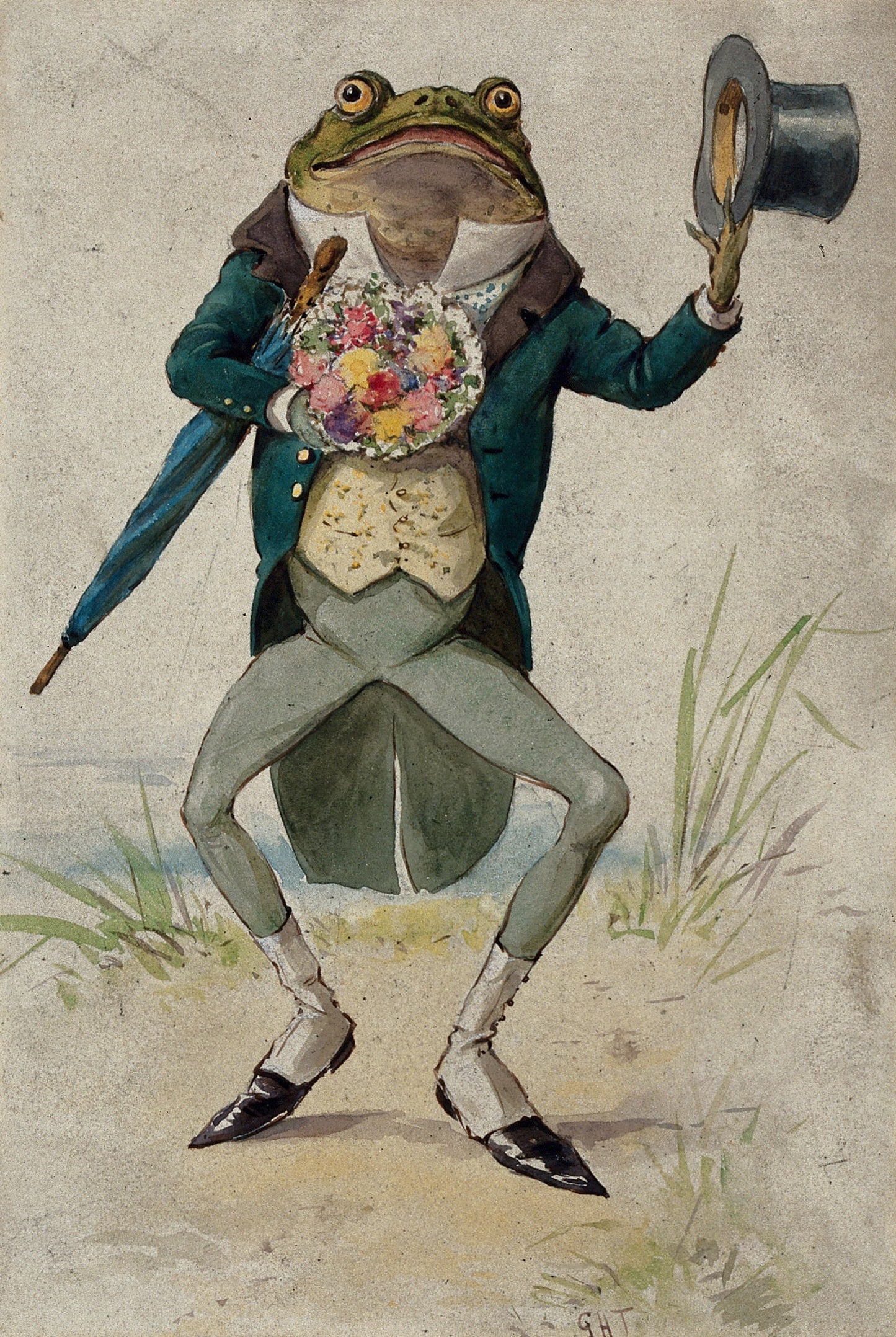 Frog in formal attire with a top hat and umbrella on a grassy background