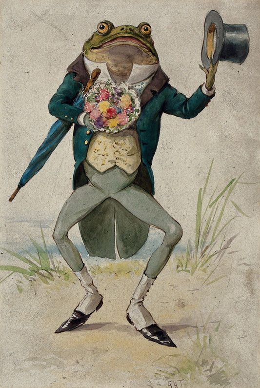 Frog in formal attire with a top hat and umbrella on a grassy background