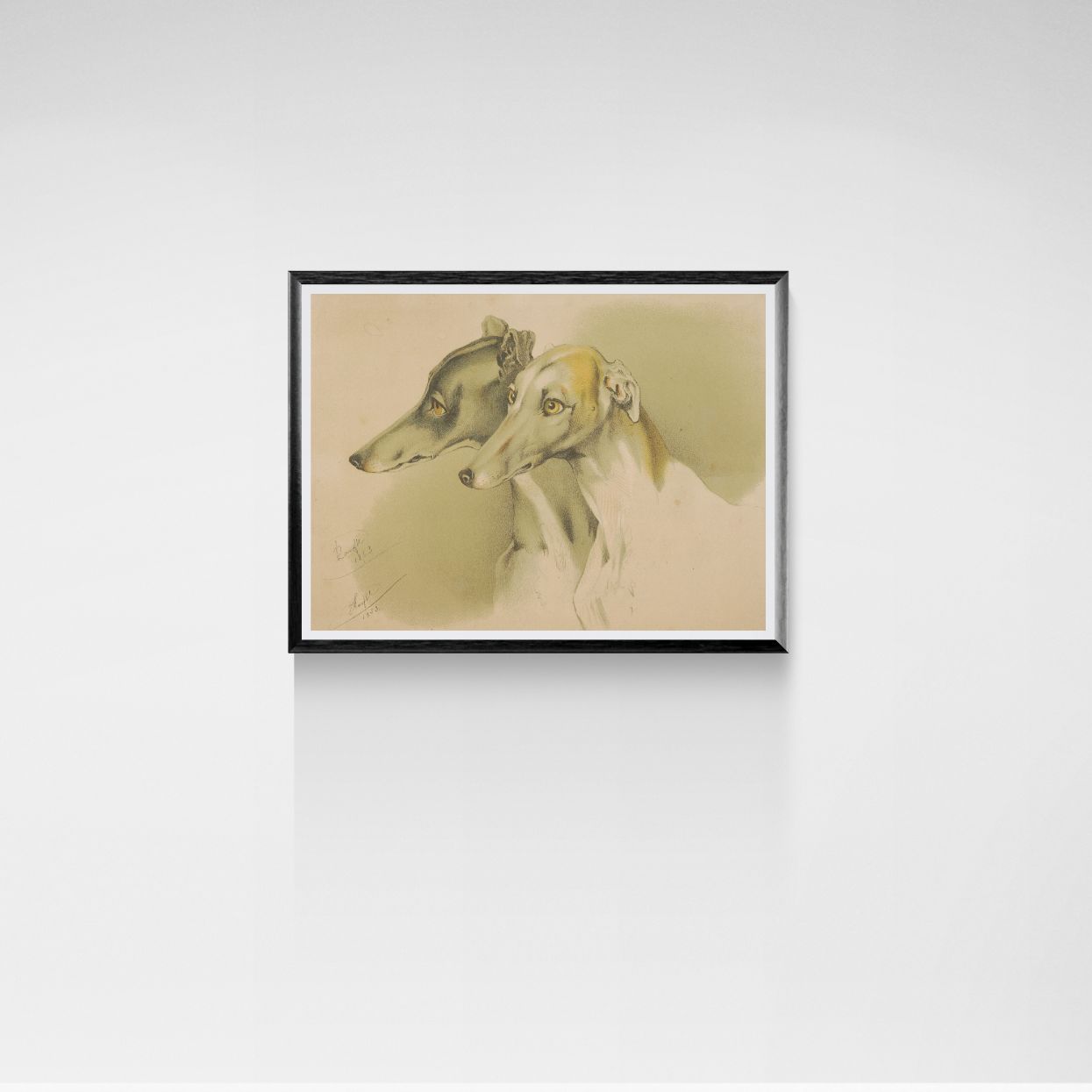 Framed artwork of two greyhound dogs on a white wall