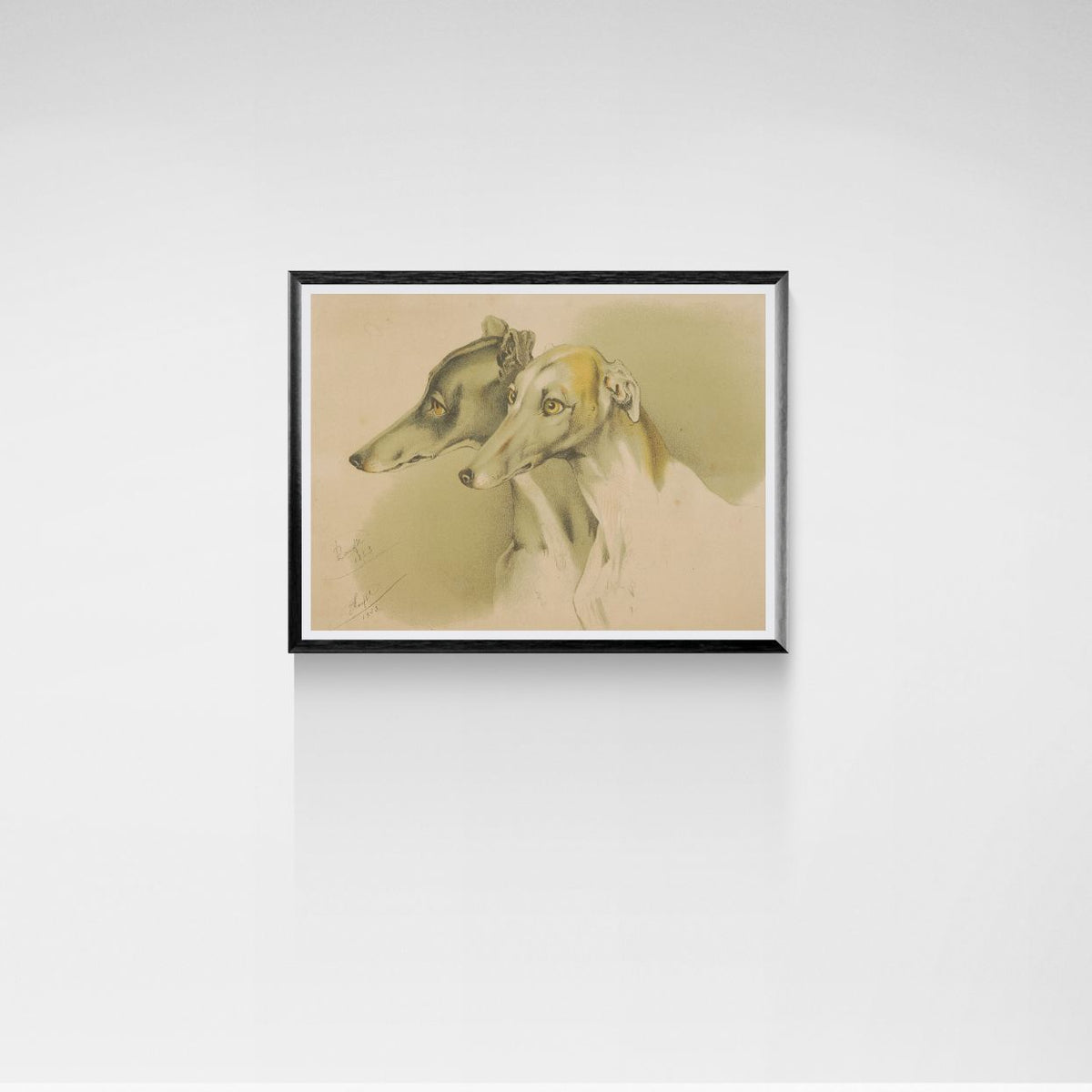 Framed artwork of two greyhound dogs on a white wall