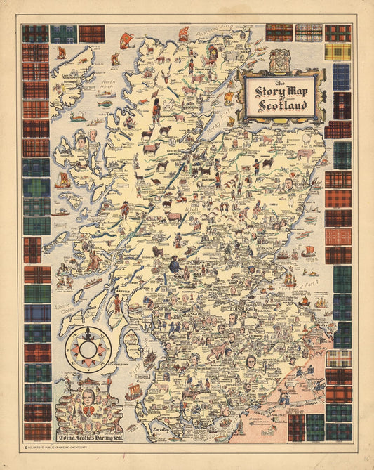 Map of Scotland with illustrations and text, framed by tartan patterns.