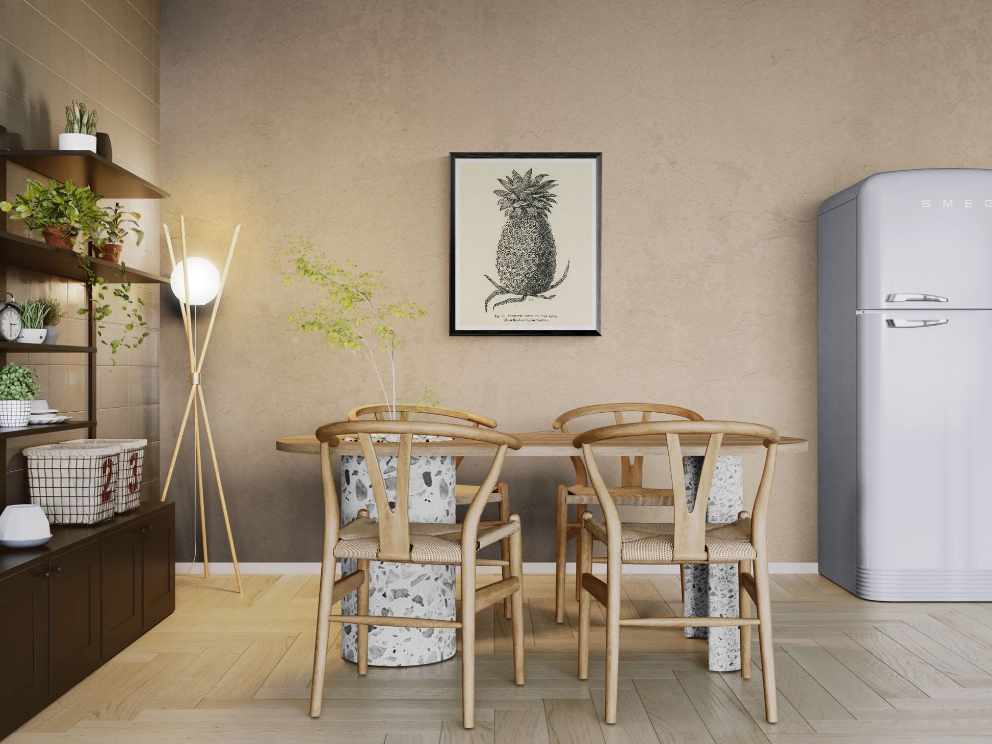 Modern kitchen with wooden dining table and chairs, pineapple artwork on the wall, and a retro-style refrigerator.