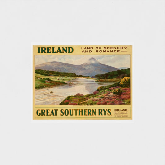 Vintage-style travel poster for Ireland featuring a scenic landscape with mountains and a river.