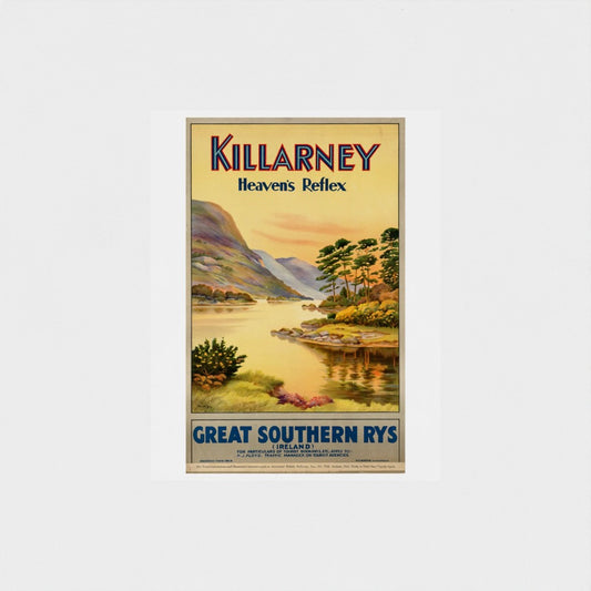 Vintage-style travel poster for Killarney, Ireland, featuring a scenic lake and mountains.