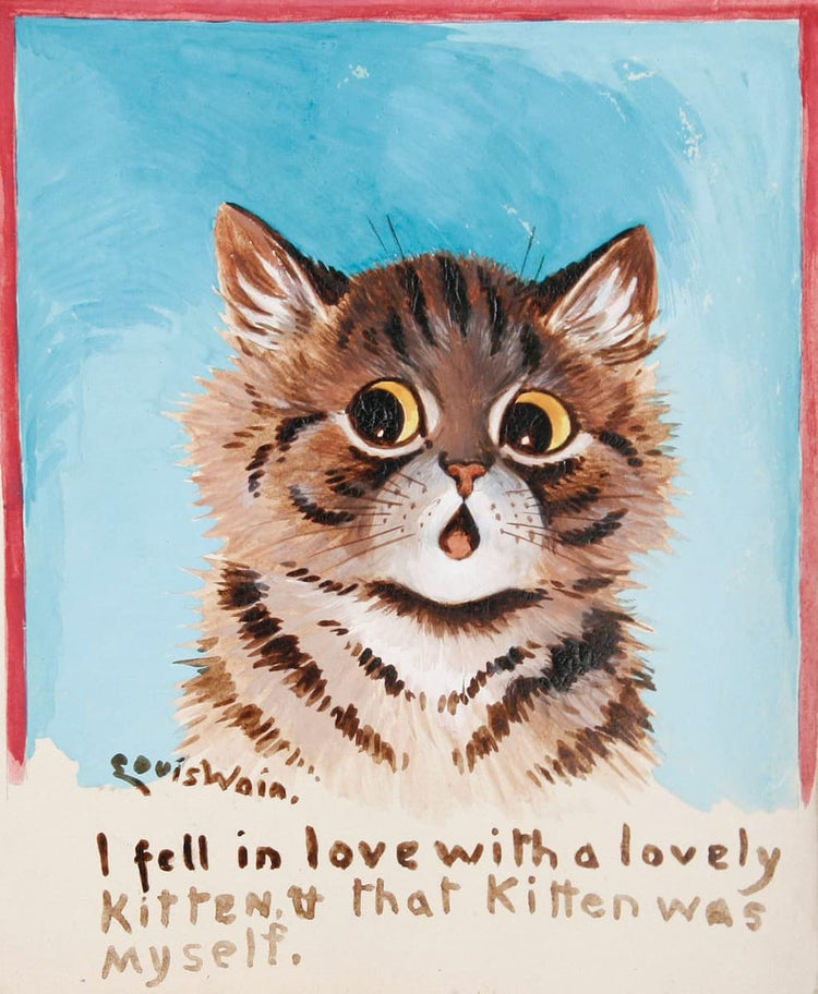 A painted illustration of a brown tabby kitten centered on a light blue background, with a red border and handwritten text at the bottom reading, 'I fell in love with a lovely kitten, and that kitten was myself.'.