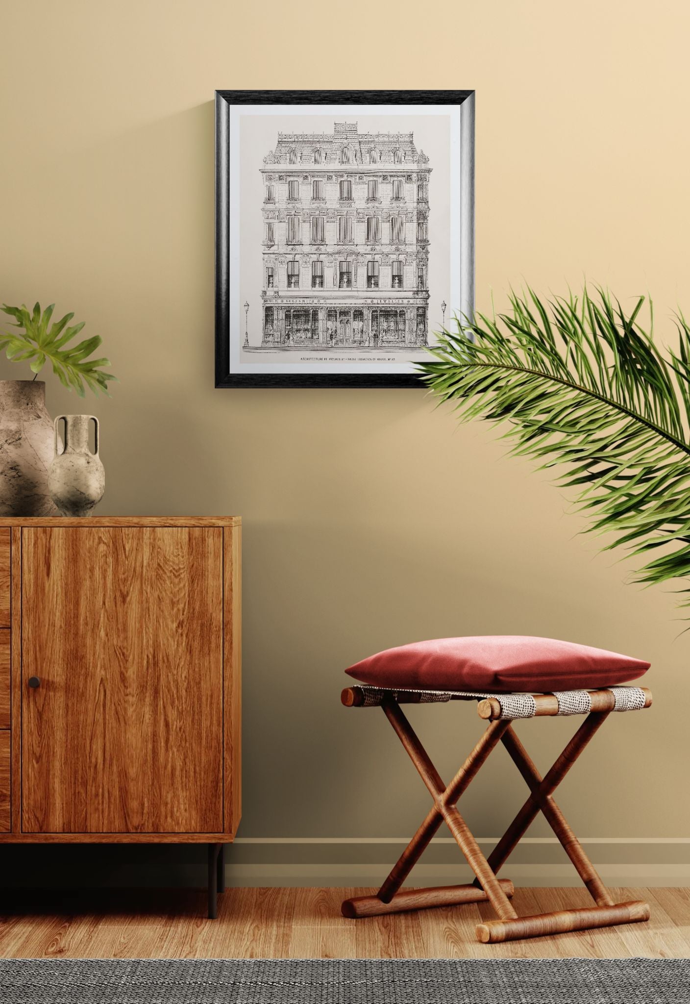 Room interior with wooden cabinet, framed artwork, and red cushioned stool.