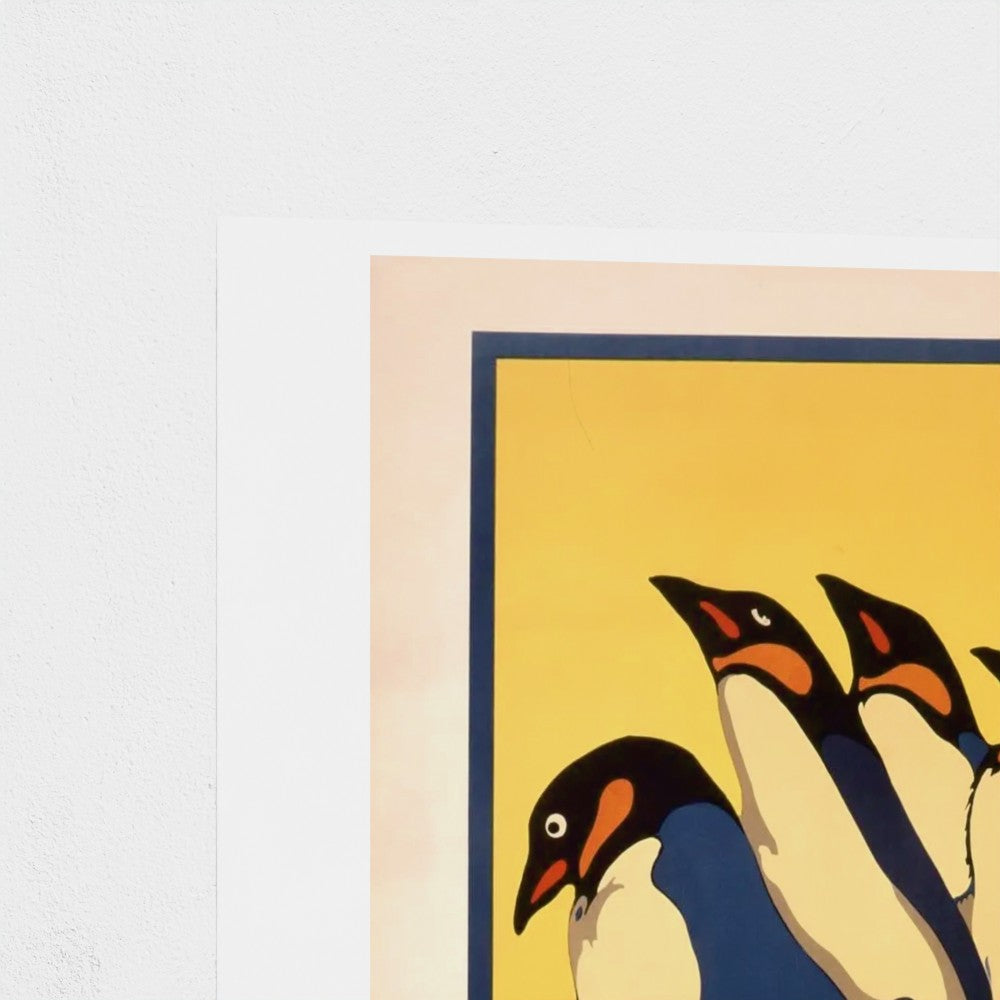 Framed artwork of penguins on a yellow background