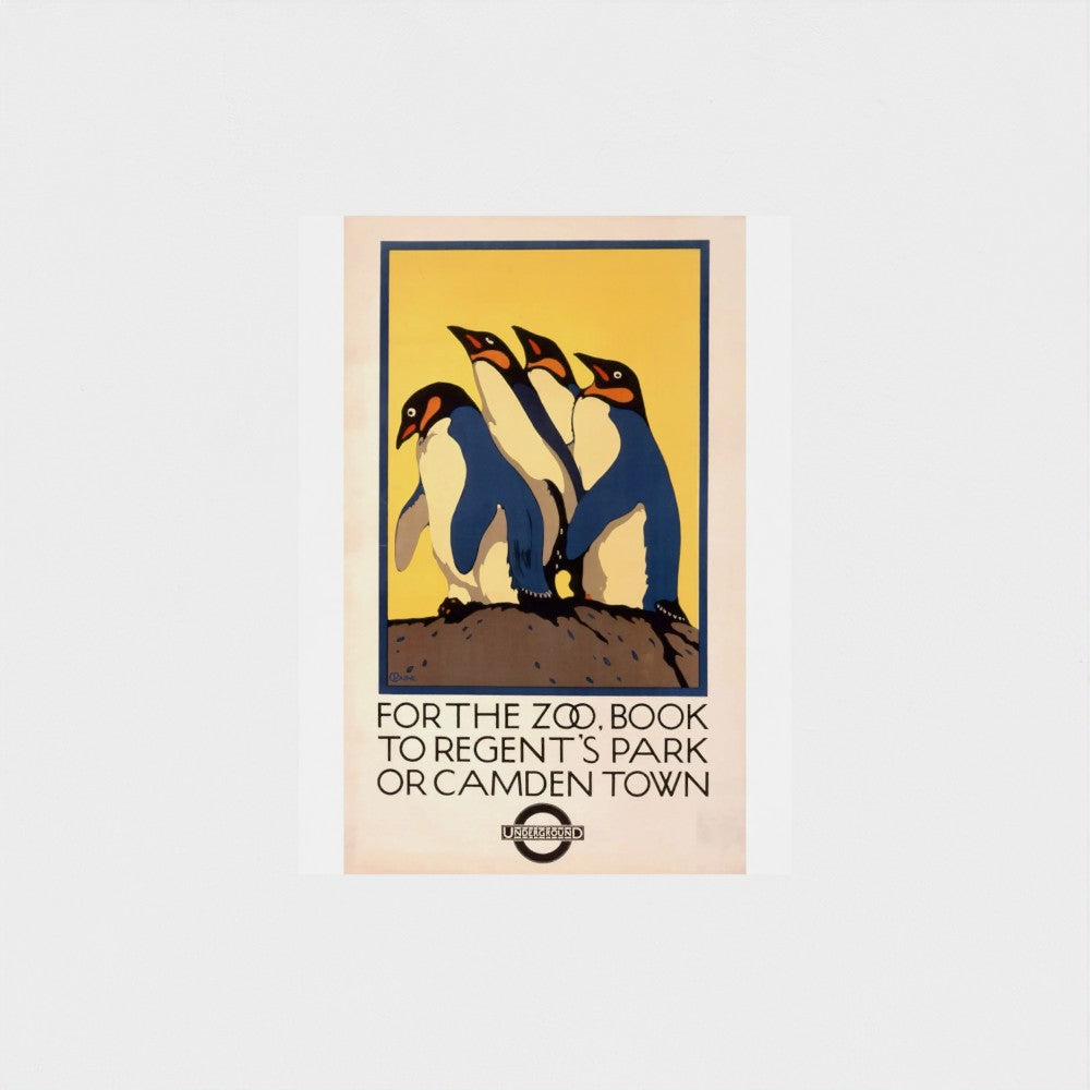 Vintage-style poster with penguins and text on a beige background