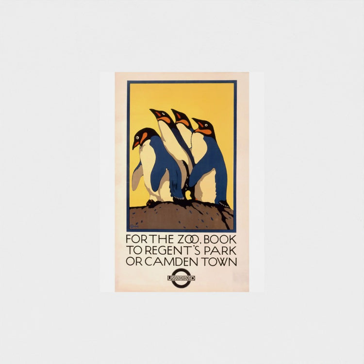 Vintage-style poster with penguins and text on a beige background