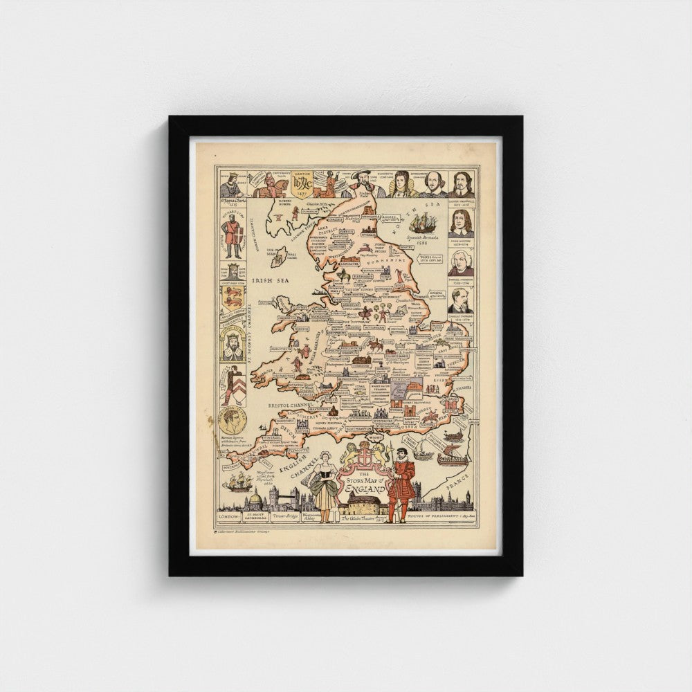 Framed vintage-style map of England on a white background