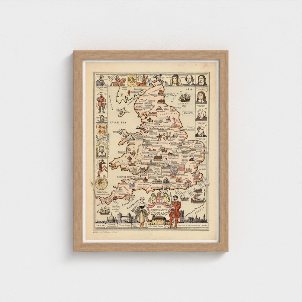 Framed map of England with illustrations on a white wall