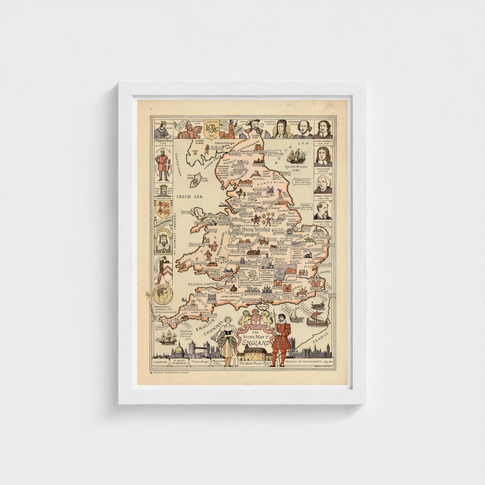Framed vintage-style map of England on a white background