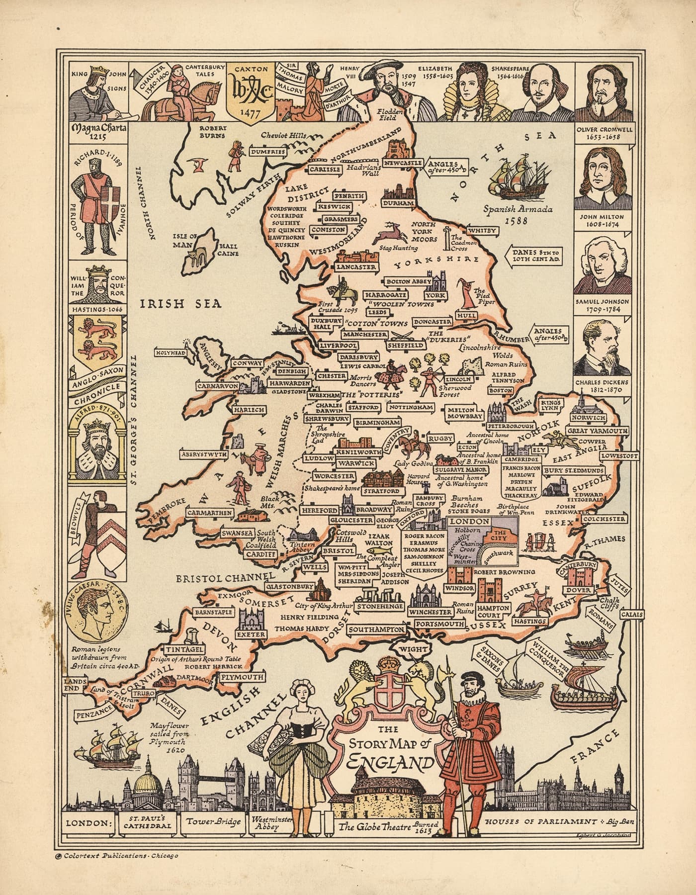 Map of England with illustrations and text from a historical atlas