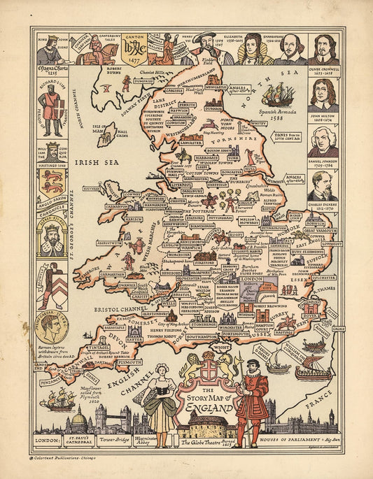 Map of England with illustrations and text from a historical atlas