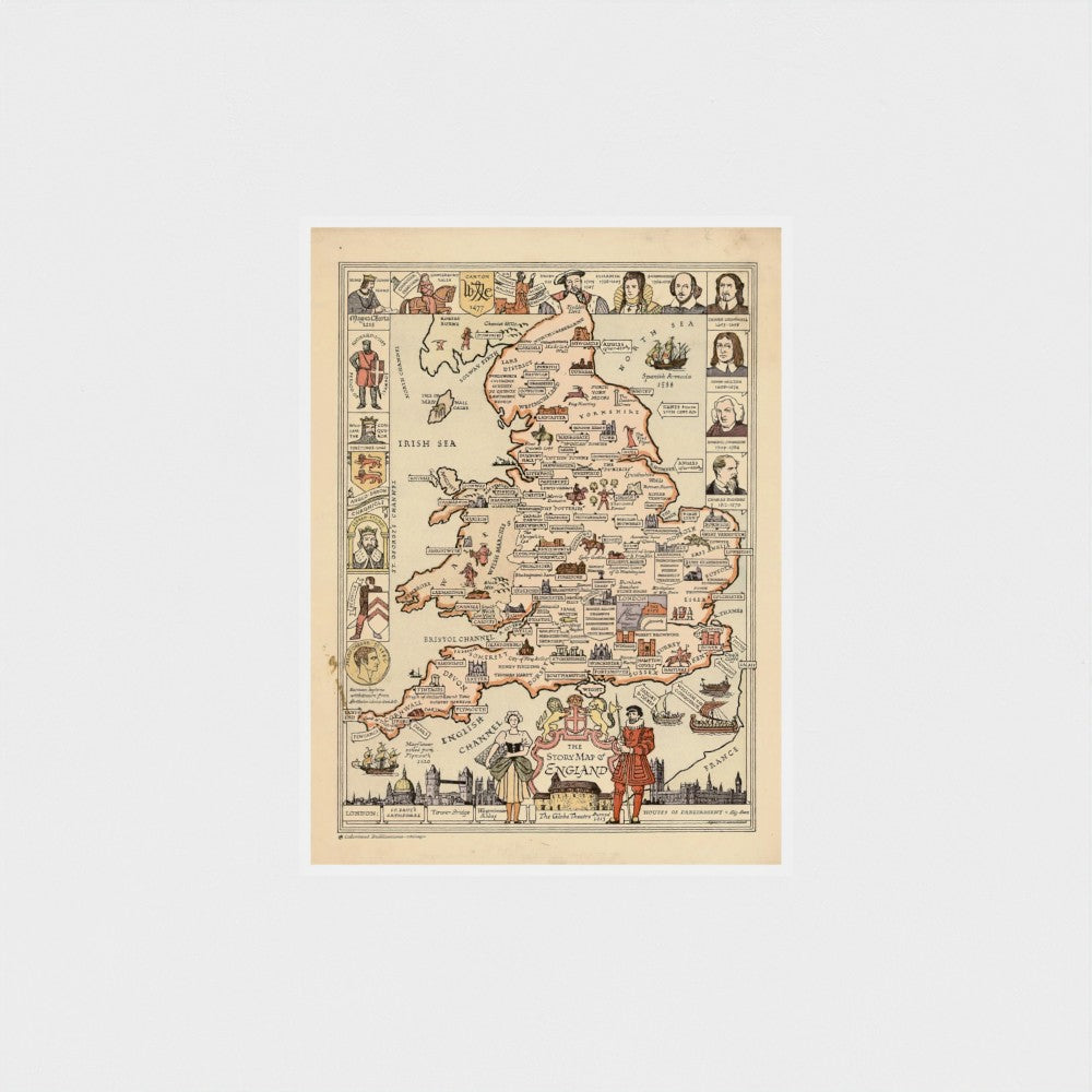 Vintage-style map of England with illustrations on a white background