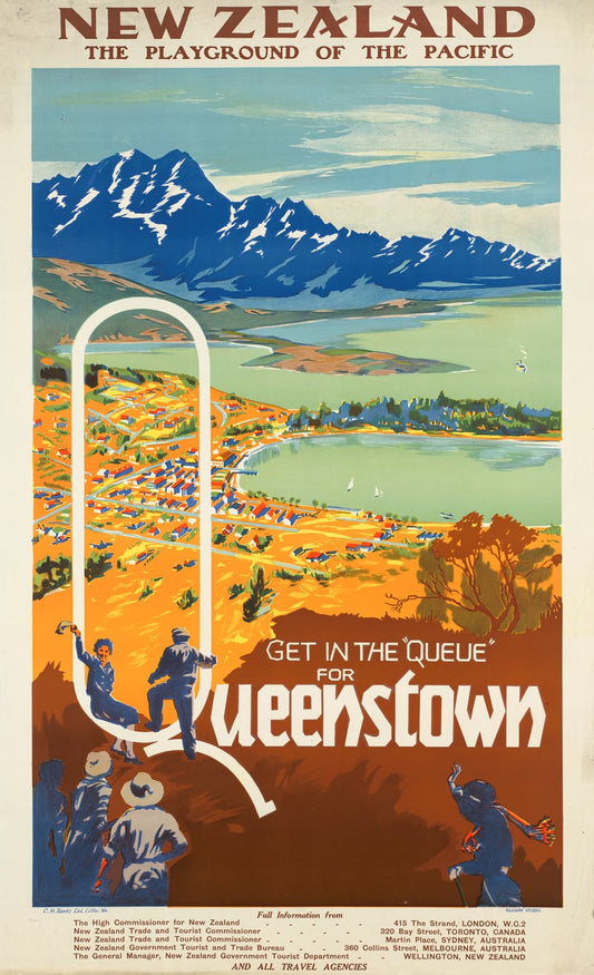 High-quality Giclée reproduction of a 1930s Queenstown, New Zealand travel poster, showing Lake Wakatipu and The Remarkables mountains, promoting tourism by rail.