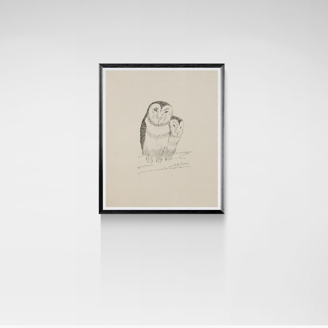 Framed artwork of an owl on a beige background