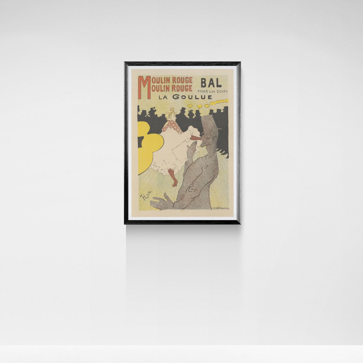 Framed vintage-style poster of a dancer with text on a white wall