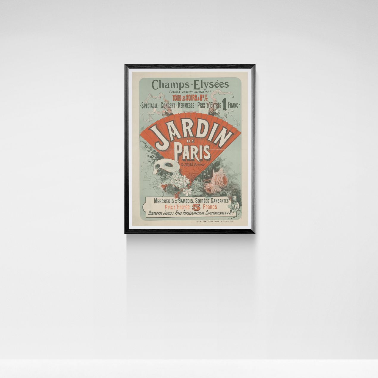 Framed vintage-style poster of Jardin de Paris on a white wall