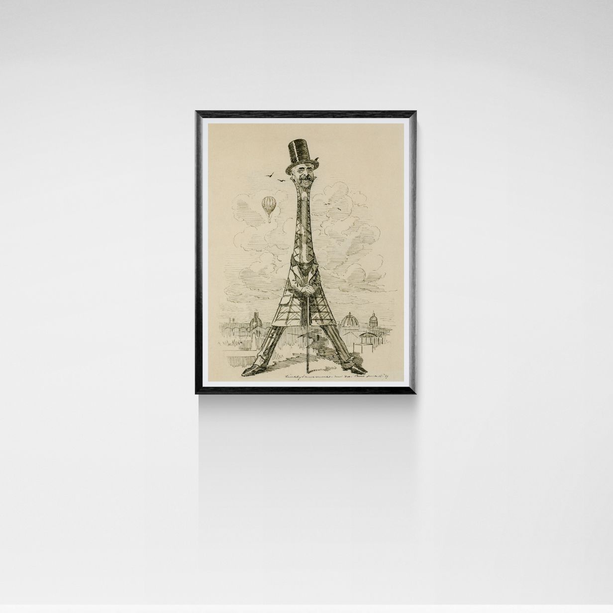Framed artwork of a caricature man wearing a top hat with an Eiffel Tower design on a beige background.