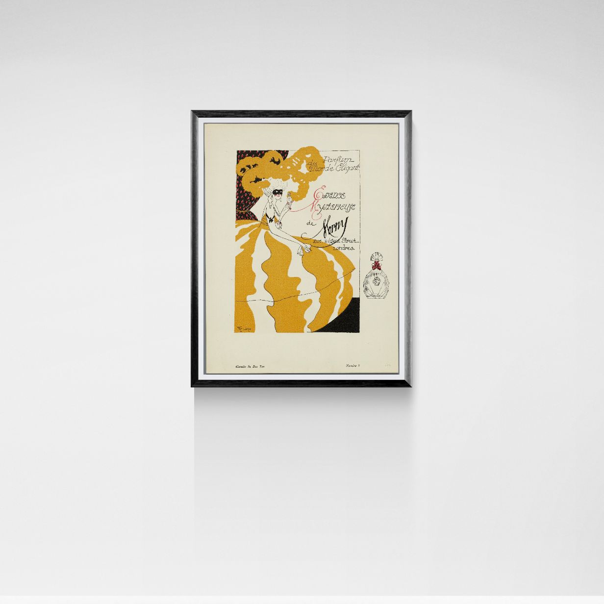Framed artwork of a stylized woman with yellow dress on a white wall