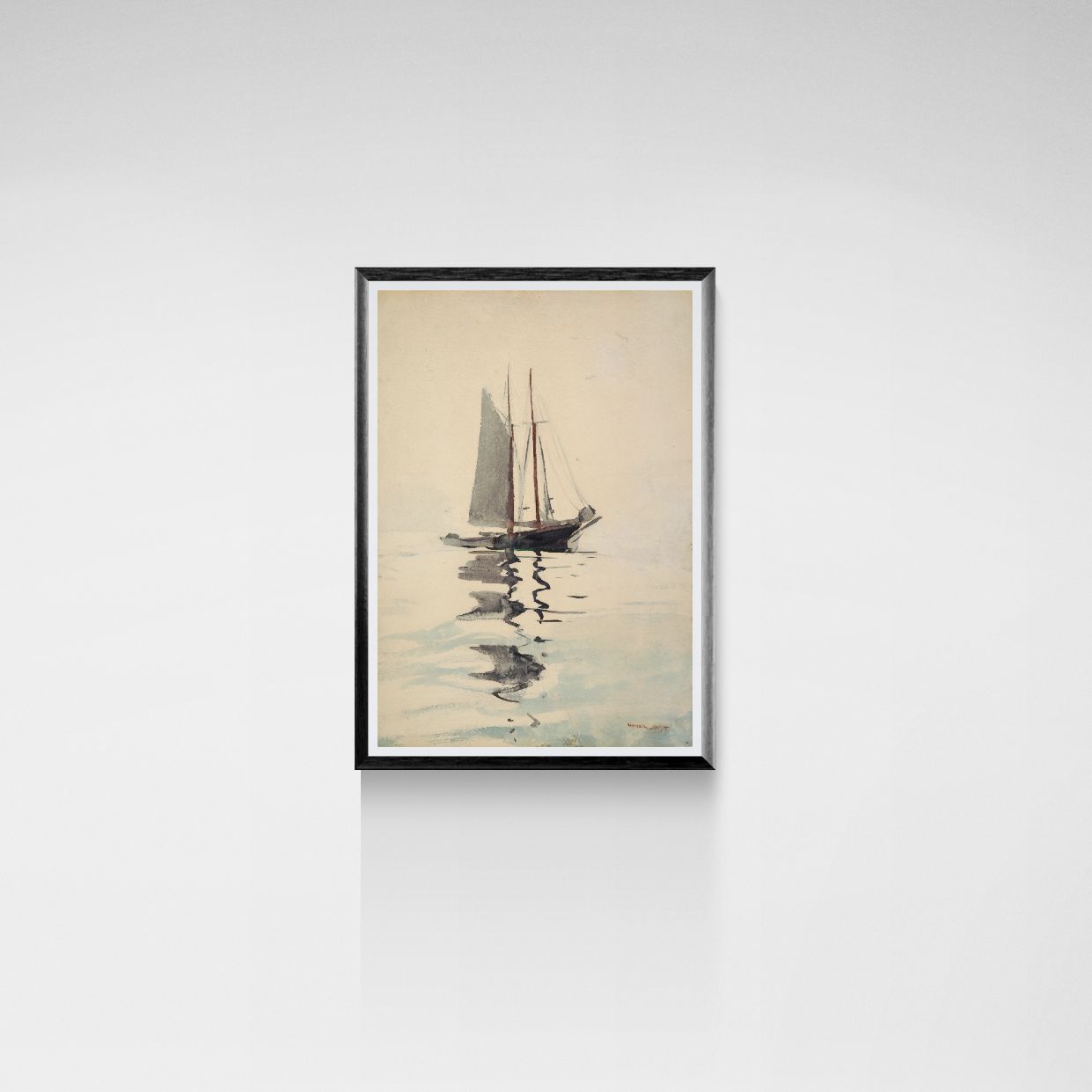 Framed artwork of a sailboat on water with a white background