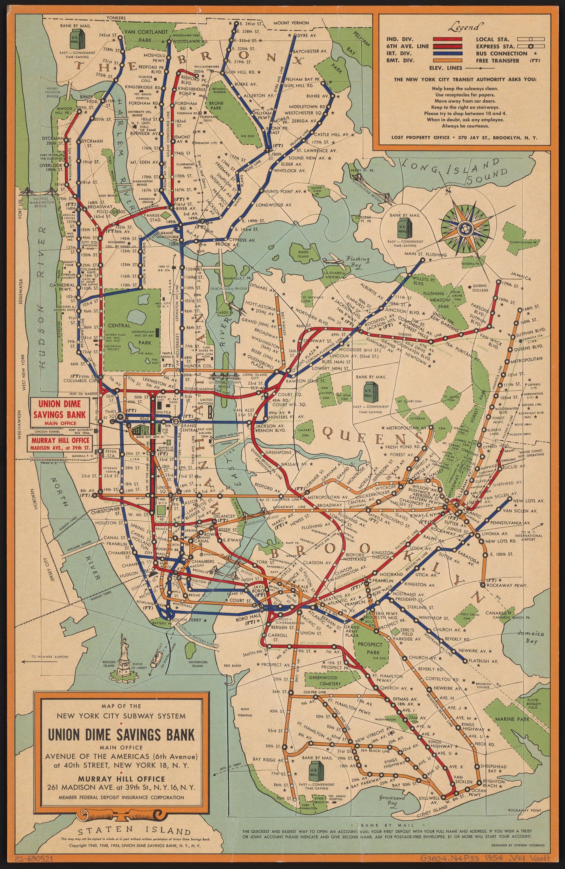 Vintage map of the New York City Subway System with colored lines and labels.