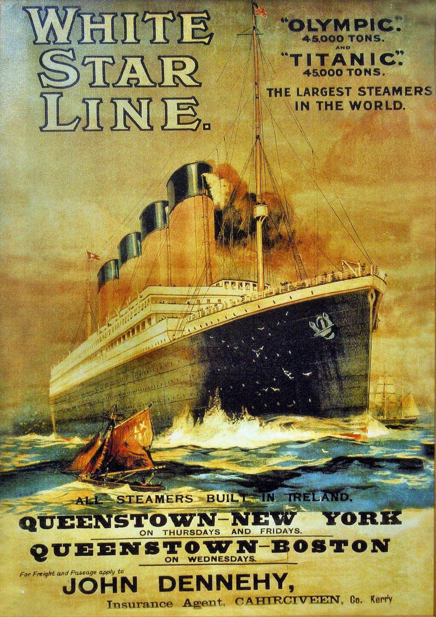 Vintage advertisement for White Star Line featuring the Titanic and Olympic ships.
