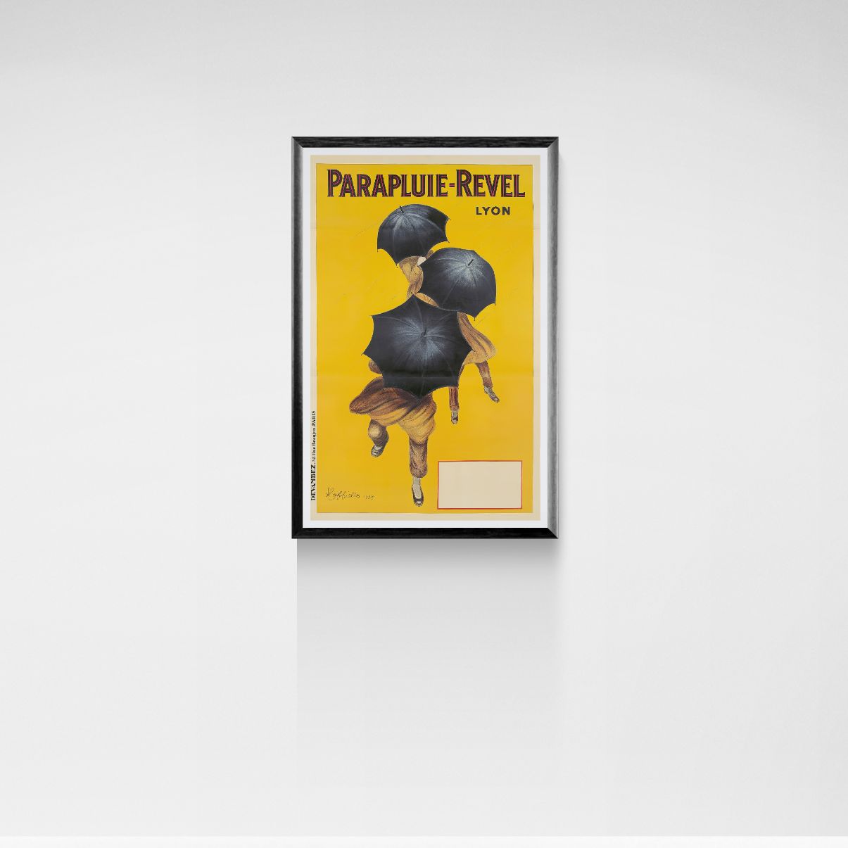 Vintage-style poster of a woman with black umbrellas on a yellow background, framed against a white wall.