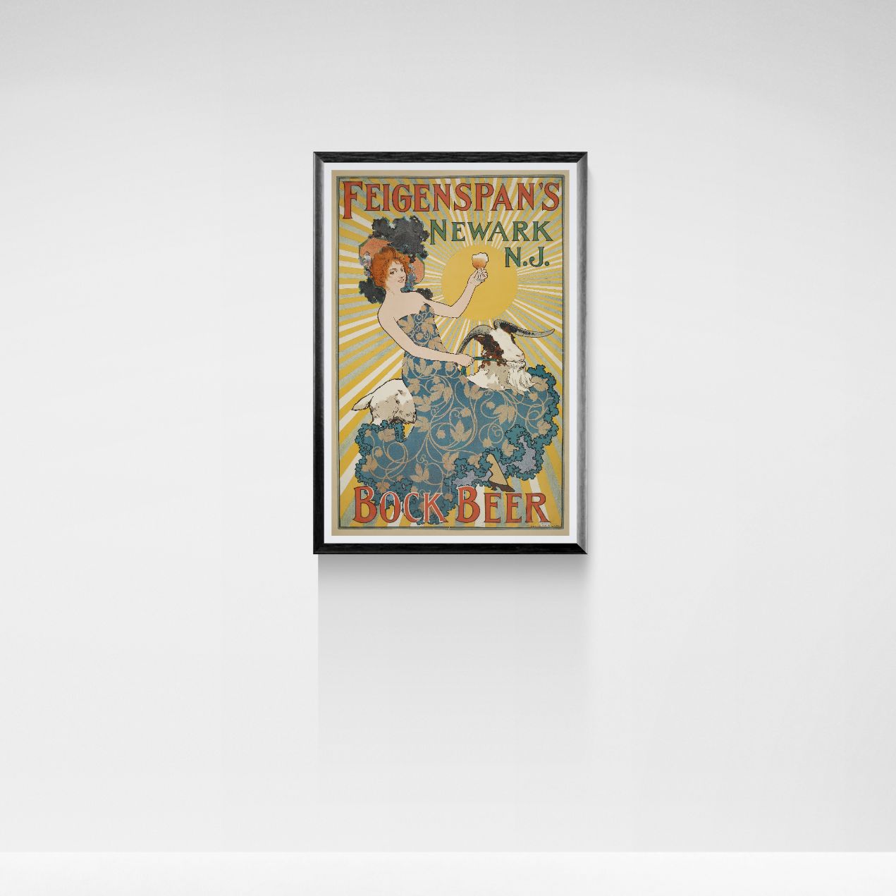 Vintage-style poster of a woman dancing with text 'Feigenspan's Bock Beer' on a white wall.