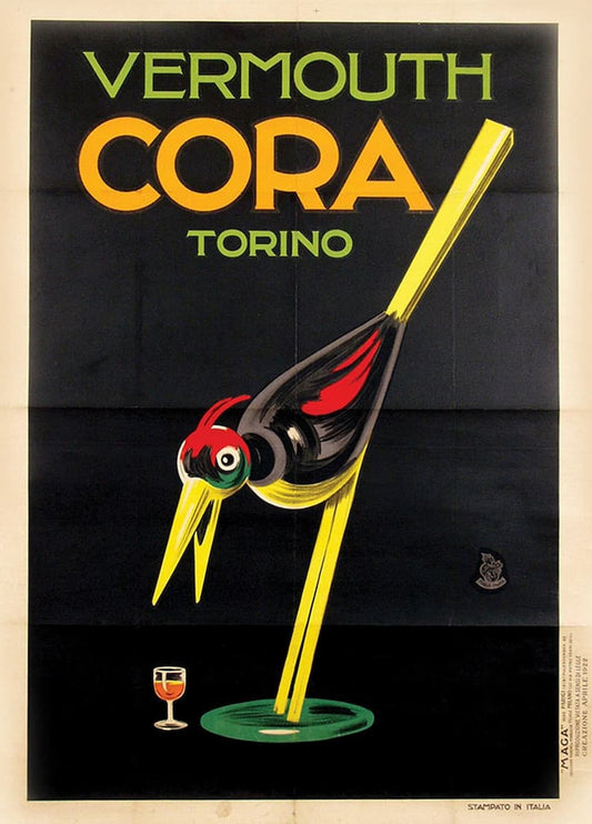 Vintage travel poster for Vermouth Cora Torino, featuring a stylized bird with a yellow beak and body, red and black feathers, and a green base, set against a black background with large yellow and green text.