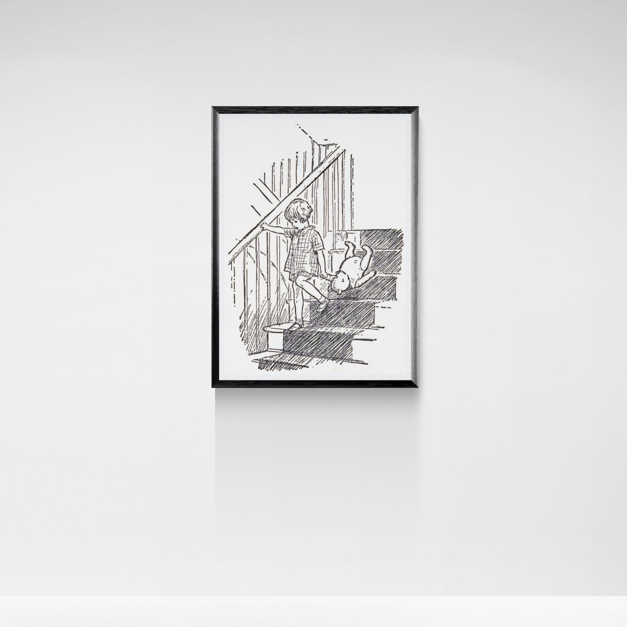 Framed black and white illustration of a person with a teddy bear on stairs against a white wall.