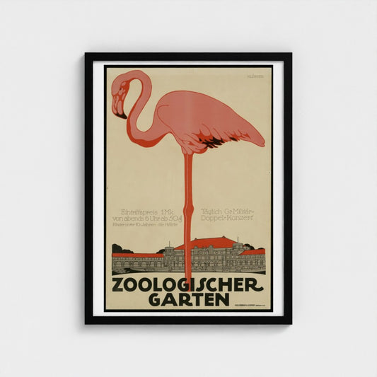 Vintage-style poster with a pink flamingo and text on a beige background
