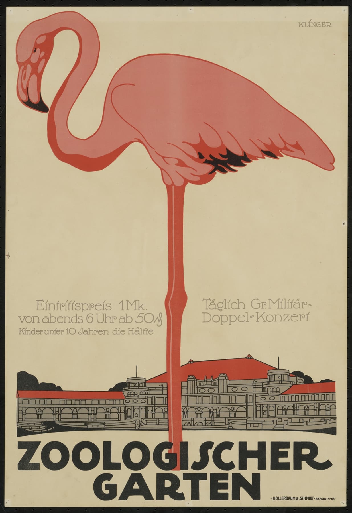 Vintage-style poster with a pink flamingo and architectural elements, featuring text in German.