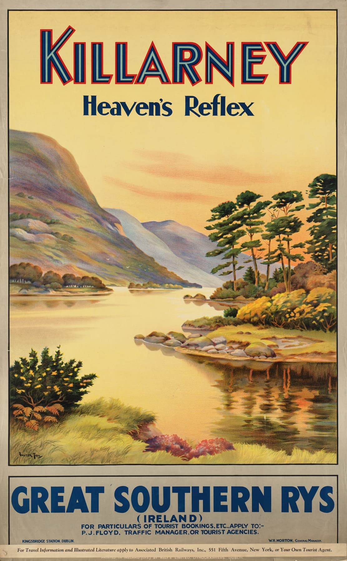 Vintage-style travel poster for Killarney, Ireland, featuring a scenic lake and mountains.