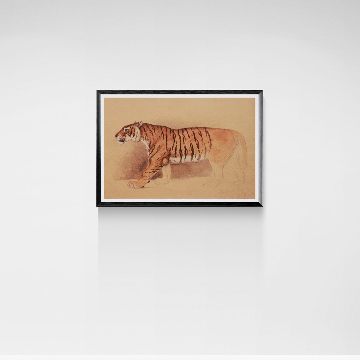 Framed artwork of a tiger on a beige background
