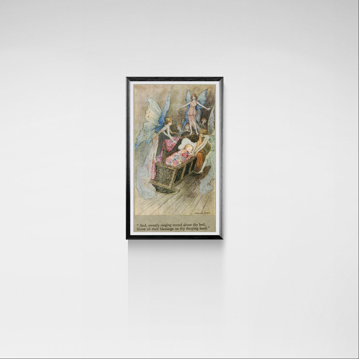 Framed artwork of fairies and a child in a cart on a white wall