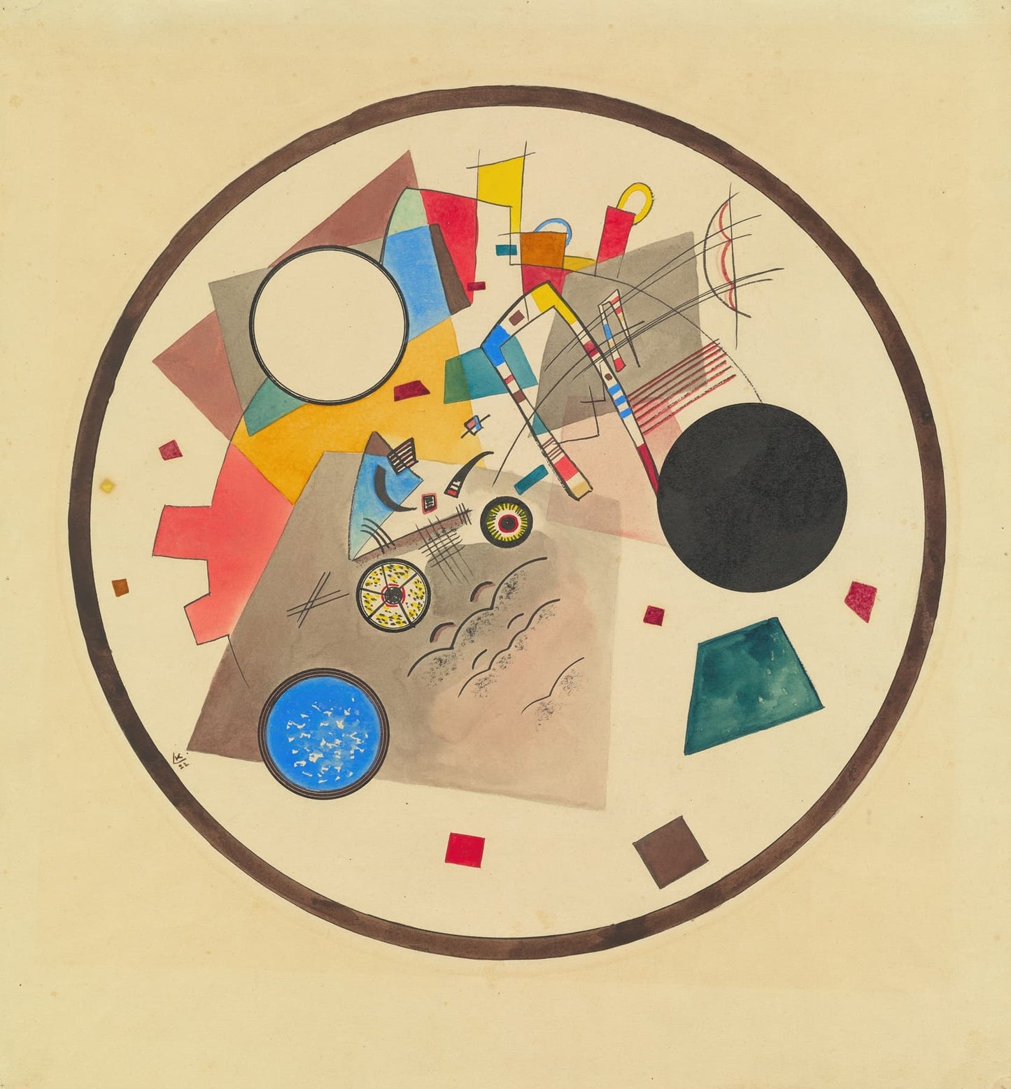 High quality Giclée reproduction of Wassily Kandinsky's 1923 "Circles in a Circle," a Bauhaus Geometric Abstract painting with multiple colors.