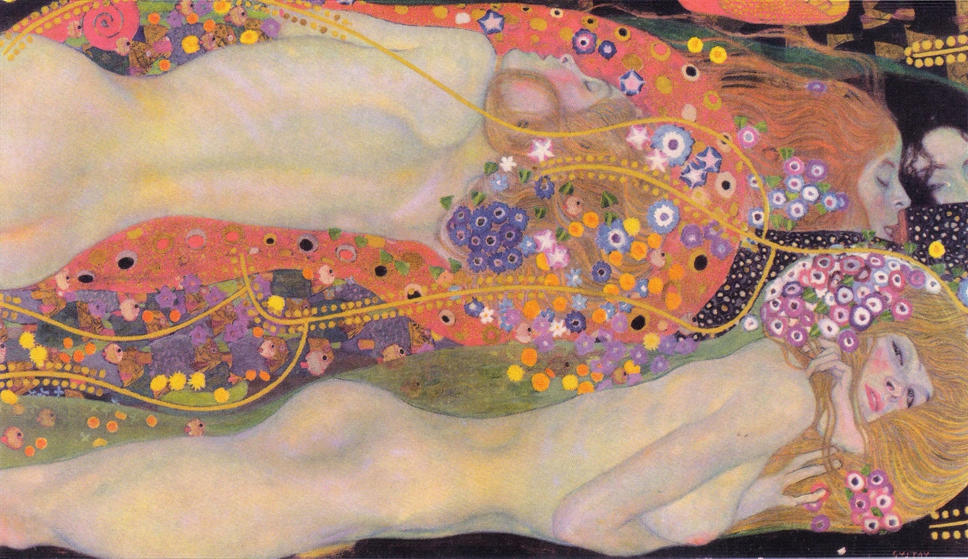 Artistic depiction of nude figures intertwined with floral patterns