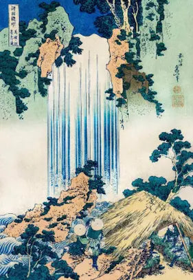 Traditional Japanese woodblock print of a waterfall
