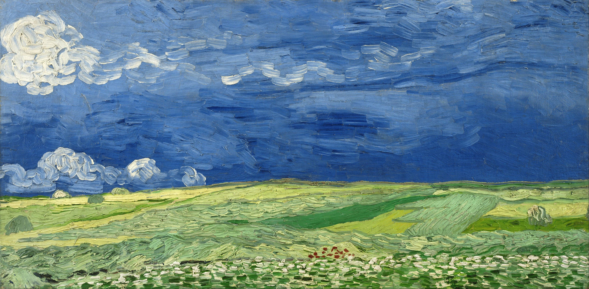 Painting of a landscape with green fields and blue sky with white clouds