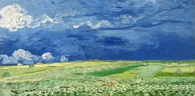 Painting of a landscape with a blue sky and green fields.