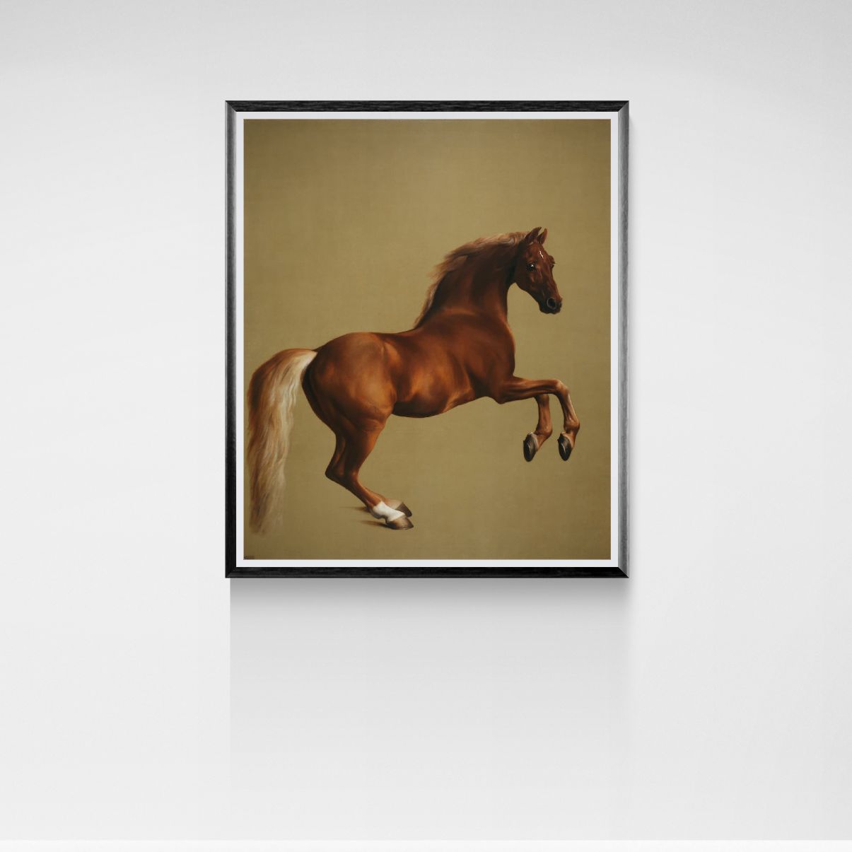 Framed artwork of a brown horse on a beige background