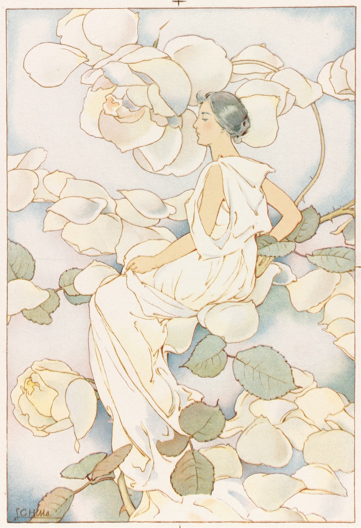 Art Nouveau-style illustration of a woman surrounded by flowers