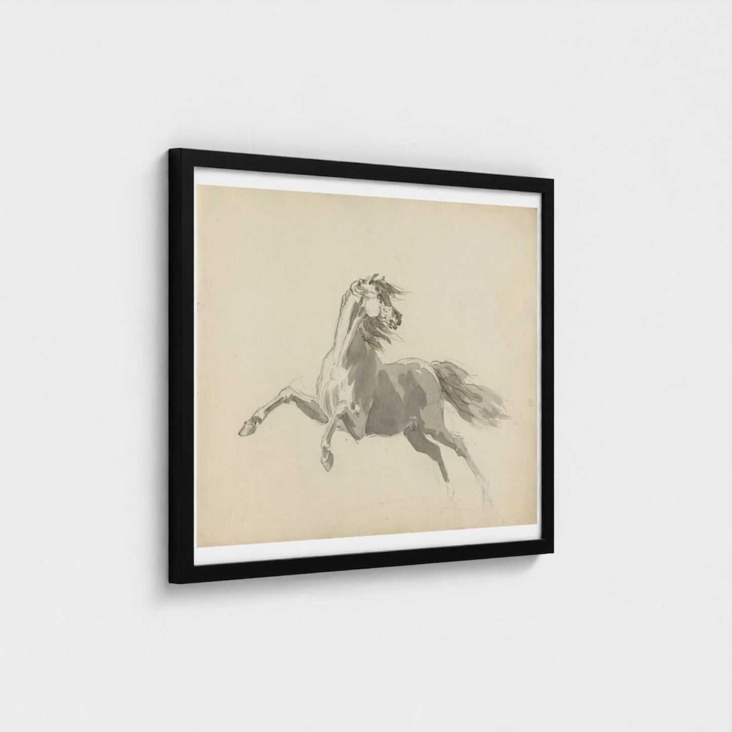 Framed art print of a white horse on a beige background