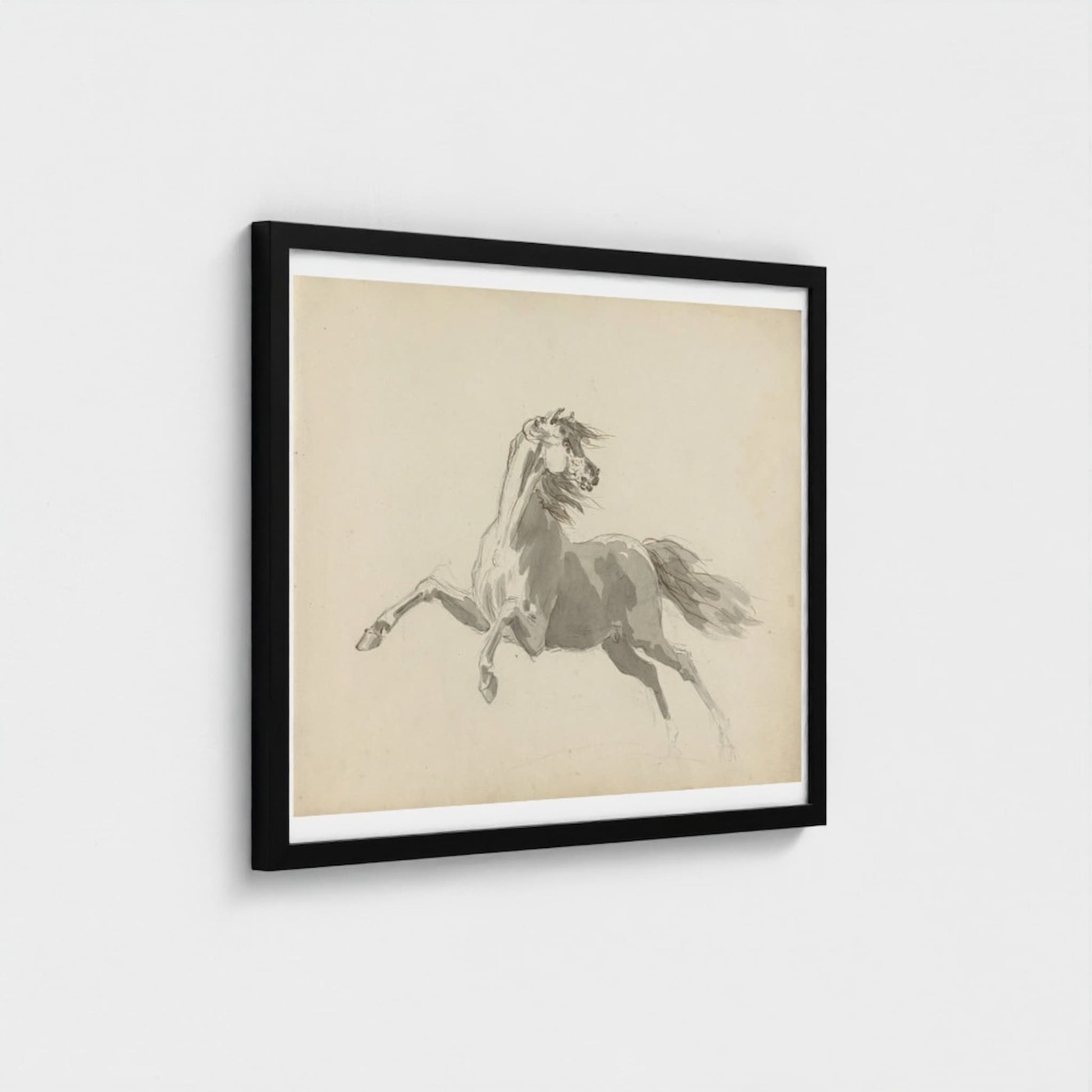 Framed art print of a white horse on a beige background
