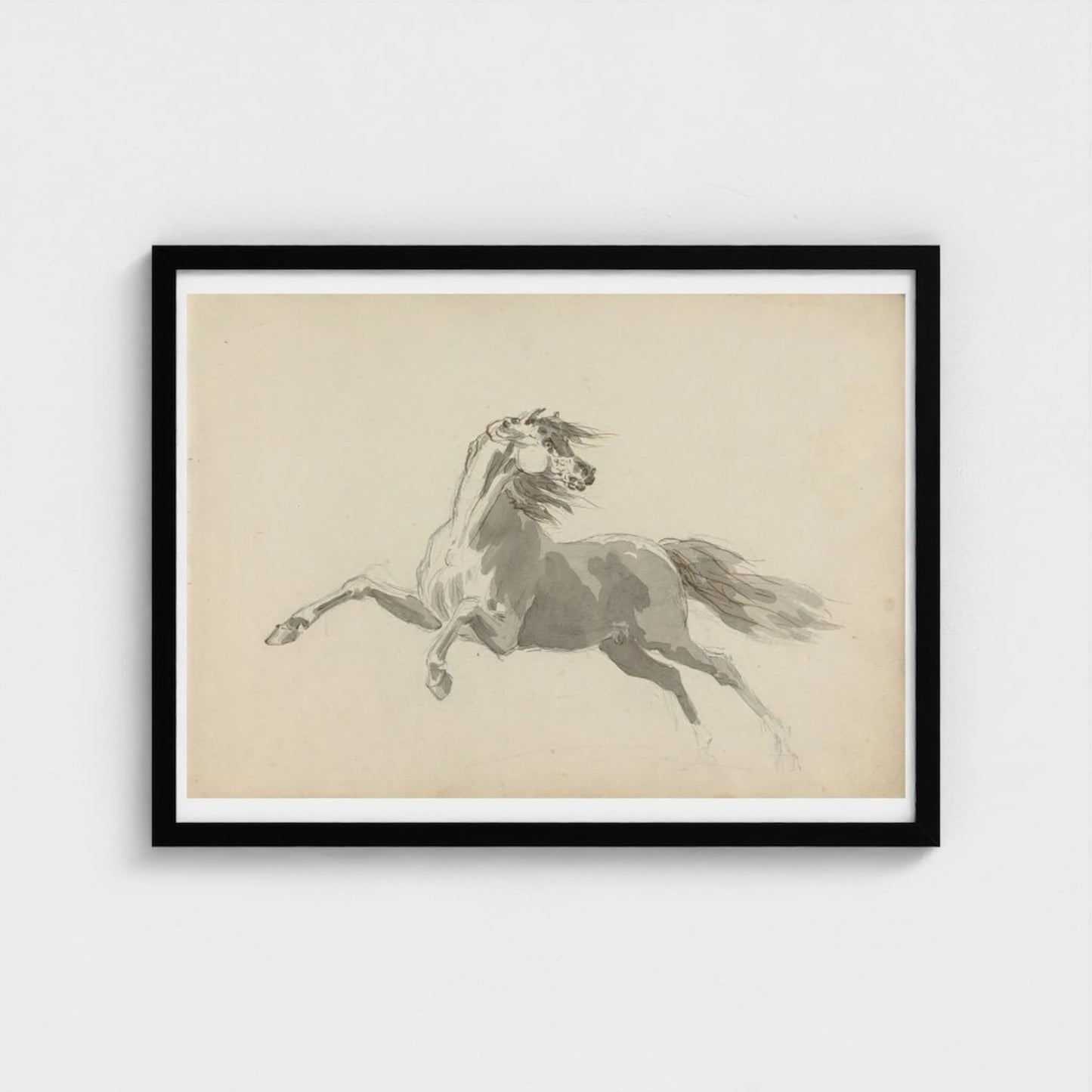 Framed art print of a white horse on a beige background