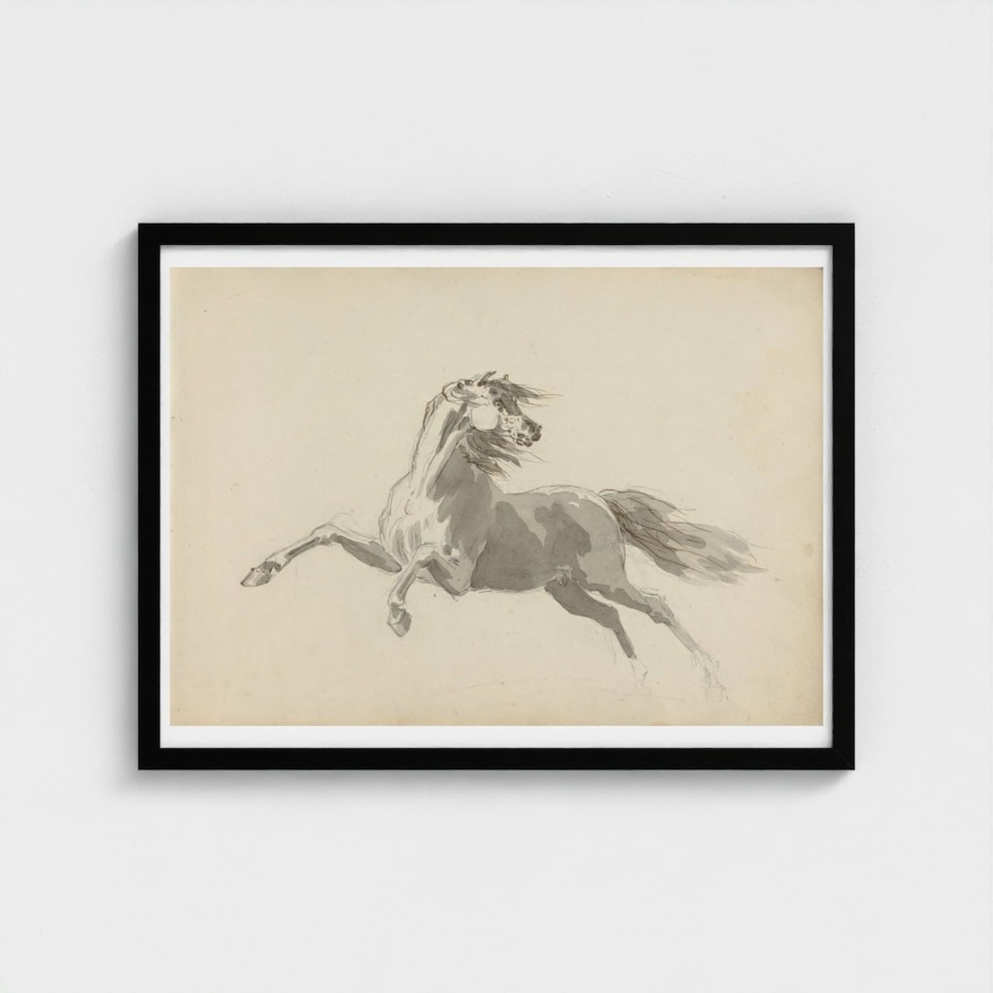 Framed art print of a white horse on a beige background