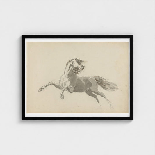 Framed art print of a white horse on a beige background