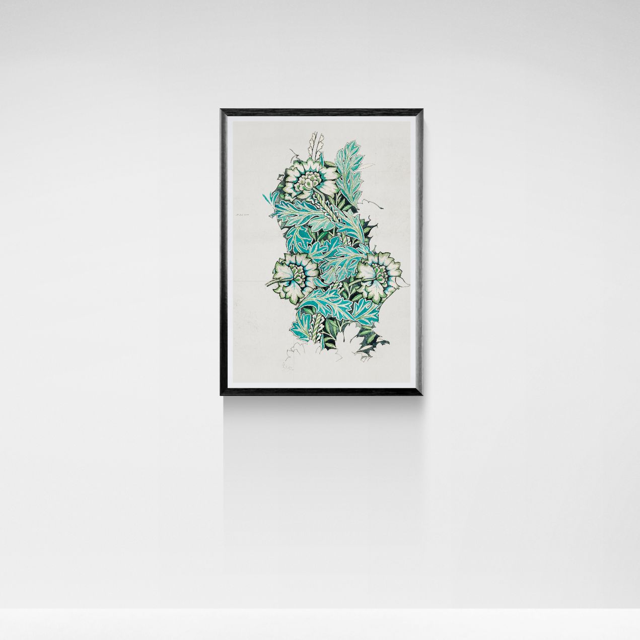 Framed artwork with teal and green abstract design on a white wall